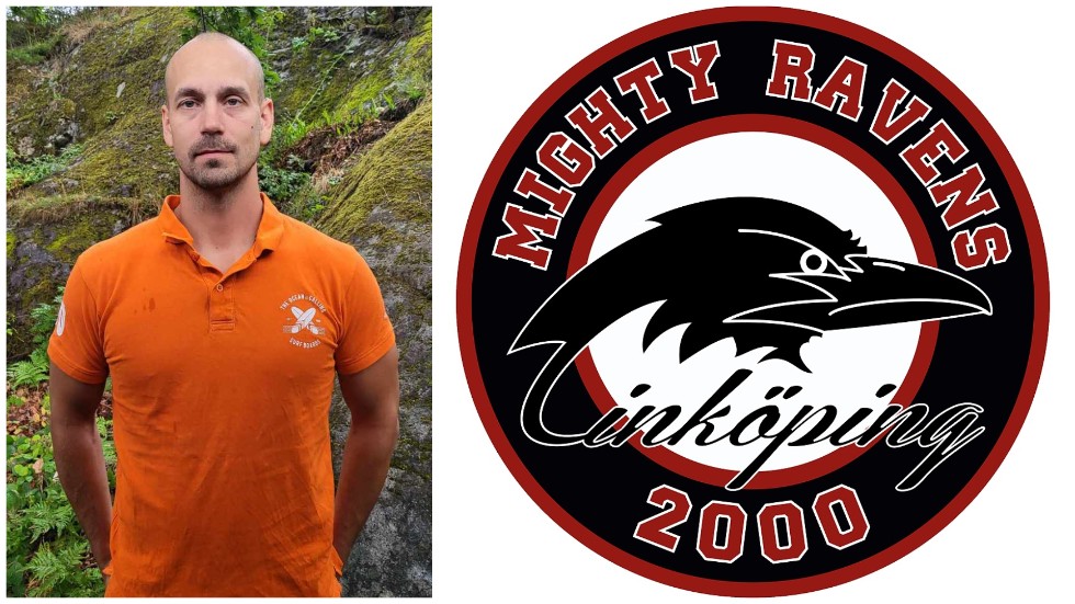 Tobias Lindqvist Ordförande för Linköping Mighty Ravens HC och klubbens logotyp.