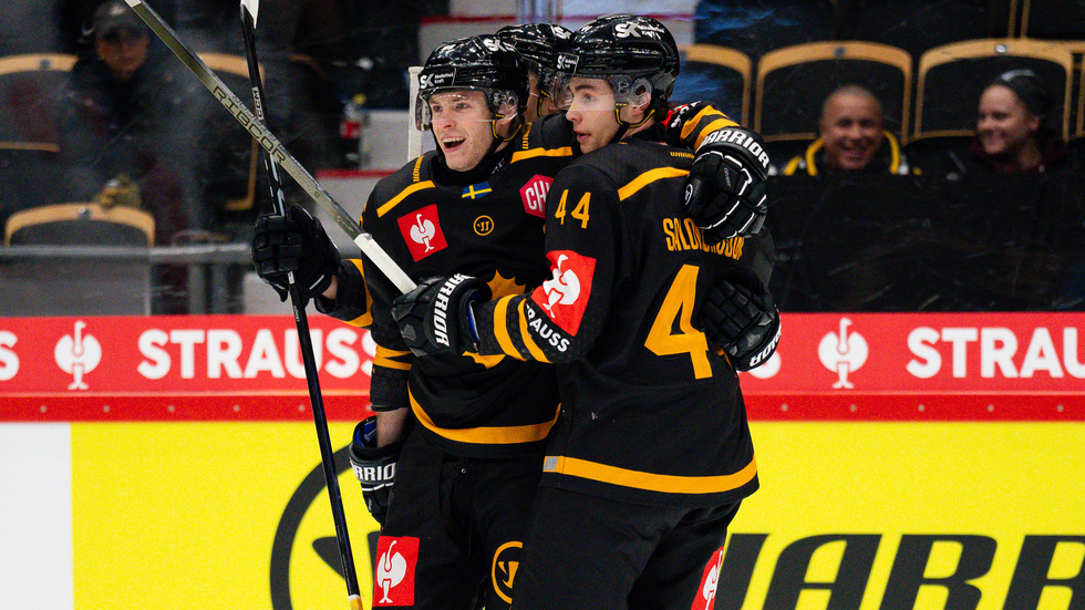 Rickard Hugg och Elias Salomonsson jublar över 1–0 målet. AIK föll mot Vitkovice, men är ändå klart för final.