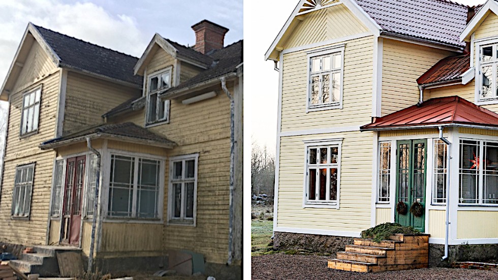 Före - och efter. Men så tog renoveringen av det gula huset i Faggemåla all fritid i två och ett halvt år. Men det var lärorika år för Lisa Petersson och Gusten Lantz. 
