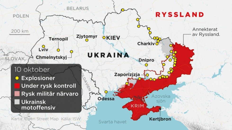 Områden under rysk kontroll, områden med rysk militär närvaro, ukrainska motoffensiver samt annekterade områden den 10 oktober.