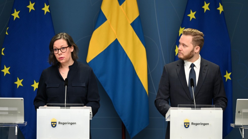 Migrationsminister Maria Malmer Stenergard (M) och Sverigedemokraternas Henrik Vinge höll presskonferens.