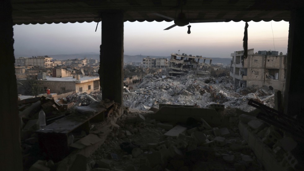 Förödelse i den syriska staden Jindires i norra Aleppoprovinsen efter veckans jordskalv.