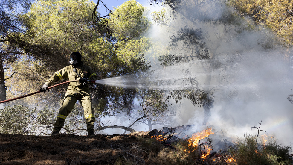 Skogsbränder har härjat på flera platser i Grekland de senaste dagarna. Bild från i söndags, söder om Aten. Arkivbild.