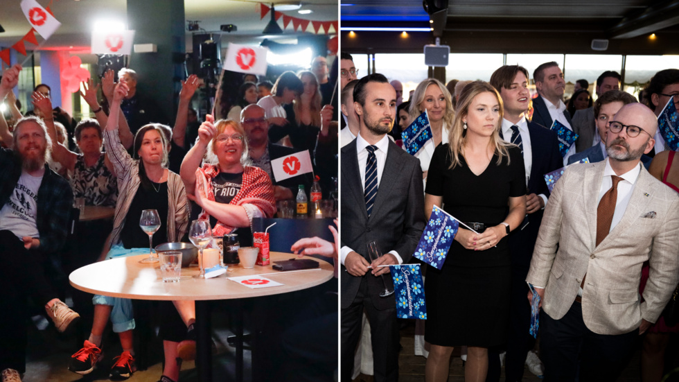 Skilda världar. Jublet steg hos Vänsterpartiet under valvakan, medan det avtog hos Sverigedemokraterna.