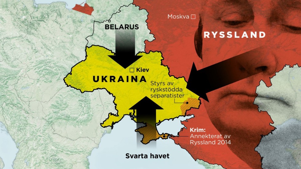 Ryssland har möjlighet att agera militärt mot Ukraina från den östra landgränsen, Belarus i norr och från Svarta havet.