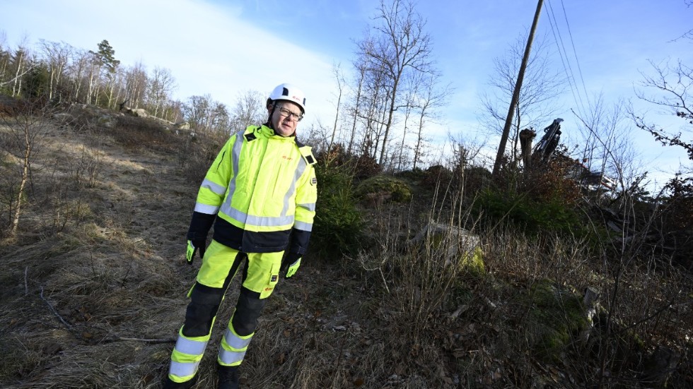 Peter Hjalmar, regionchef Syd på Eon, på plats då en 10|000-voltledning som skadats under stormen lagas utanför Osby.