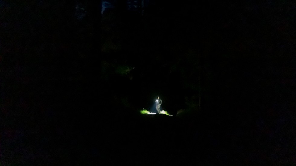 En litauisk gränsvakt bevakar i nattmörkret gränsen mot Belarus.