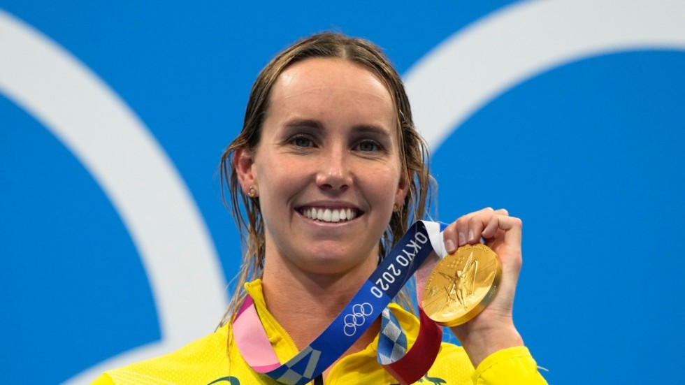 Emma Mckeon efter OS-guldet på 50 meter fritt i Tokyo. Arkivbild.