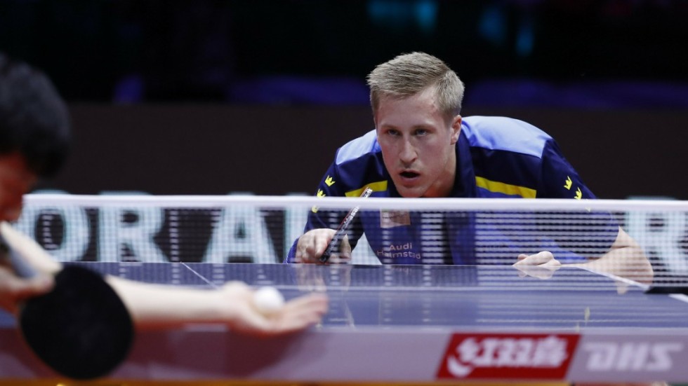 Mattias Falck under VM-finalen mot Ma Long i Budapest 2019. Kinesen vann finalen med 4–1. Arkivbild.