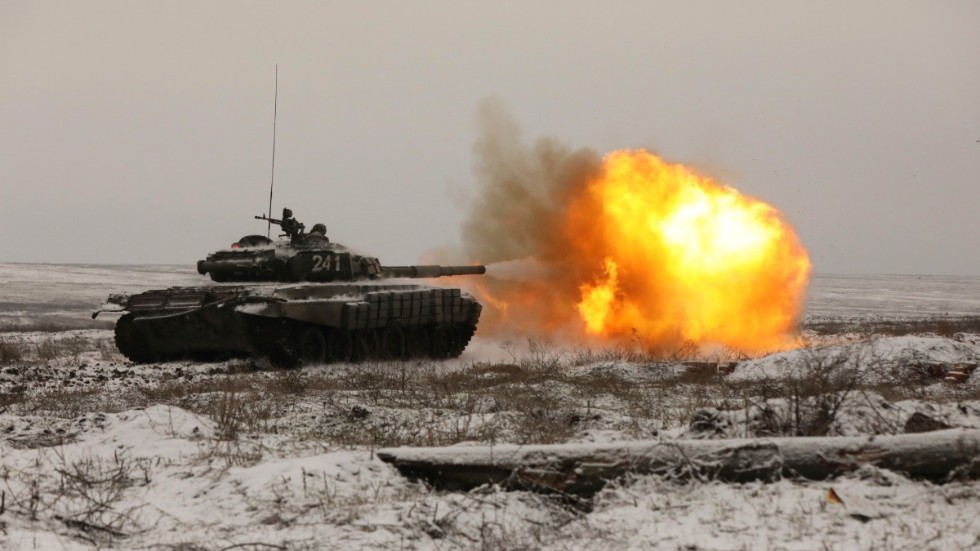 Rysk stridsvagn under övning i Rostov för tre dagar sedan, nära den ukrainska gränsen.