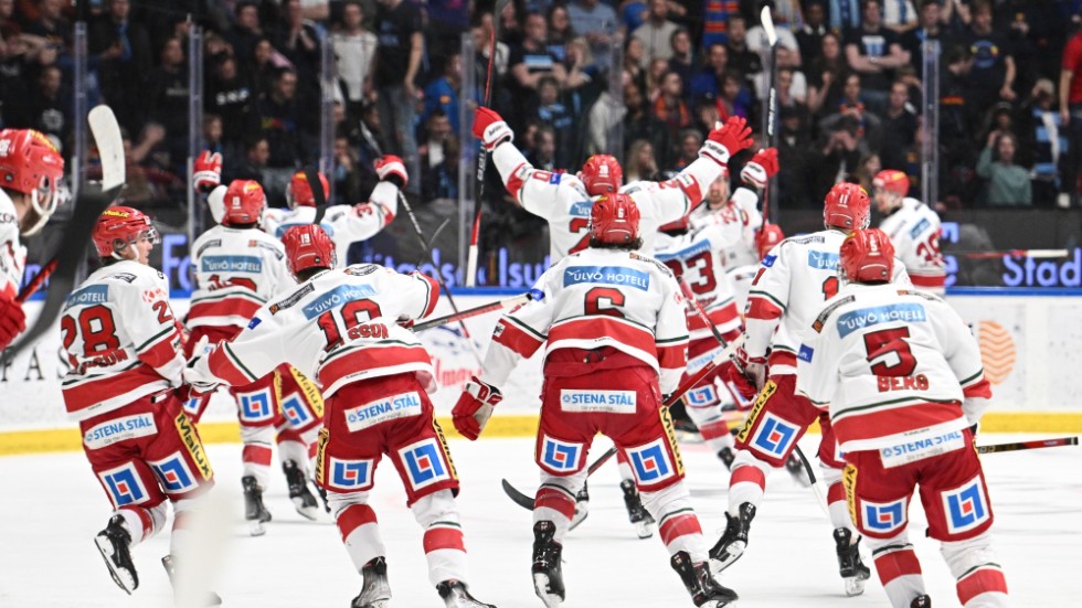 Modospelare jublar efter segern i fredagens hockeyallsvenska final på Hovet i Stockholm.