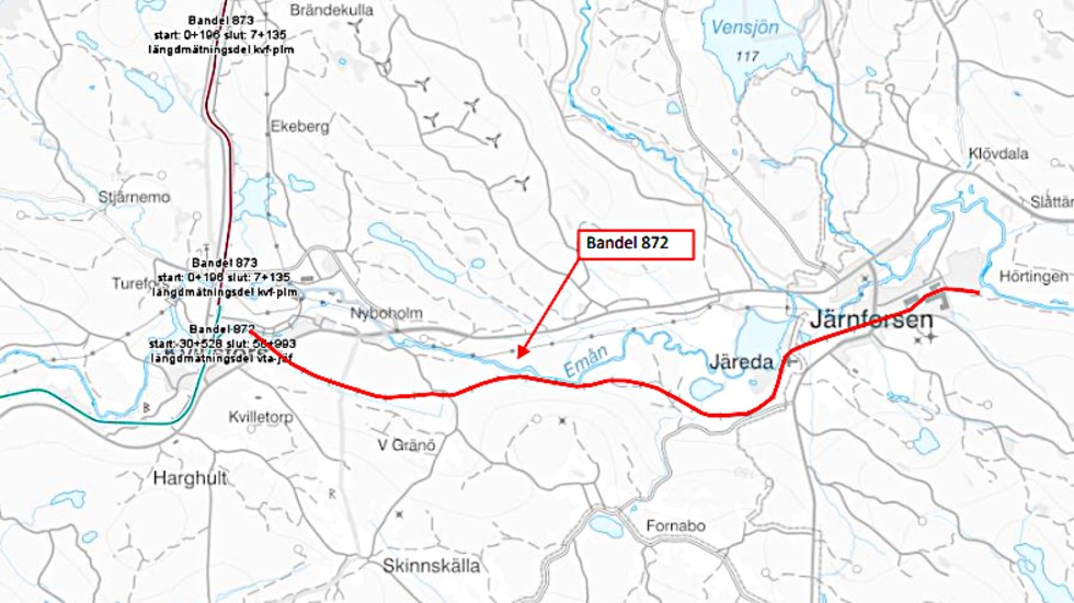 Kartan visar järnvägssträckan, mellan Kvillsfors och Järnforsen, som Trafikverket vill lägga ner.