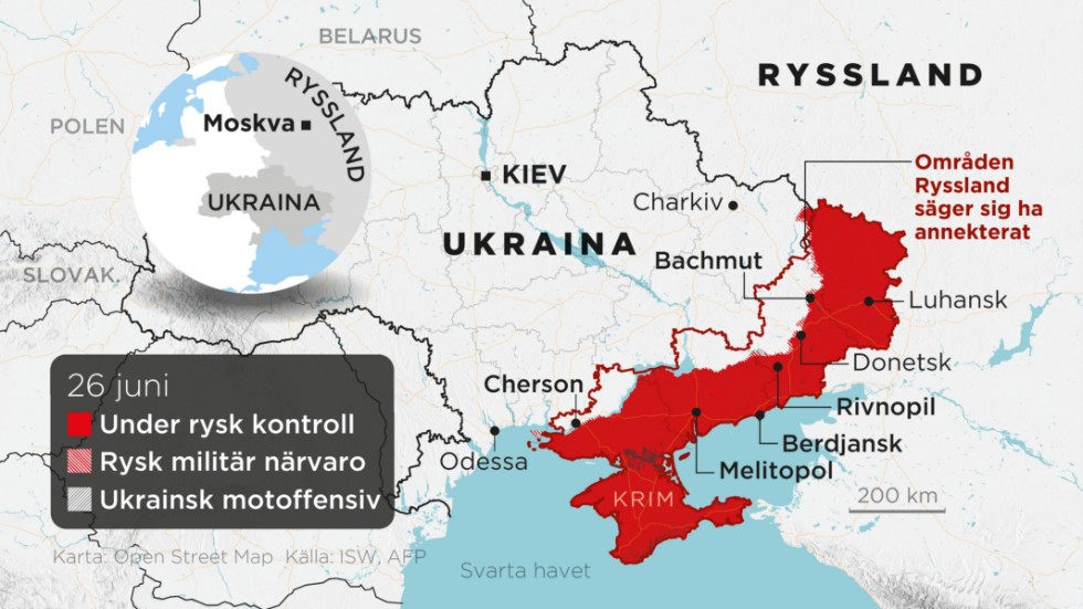 Områden under rysk kontroll, områden med rysk militär närvaro, ukrainska motoffensiver samt annekterade områden, så som läget rapporterades se ut den 26 juni.