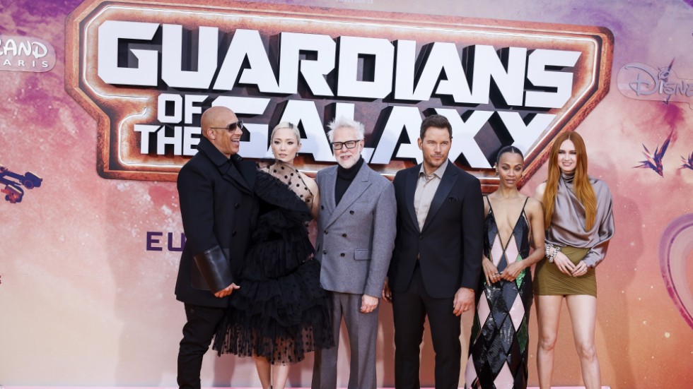 Skådespelarna Vin Diesel, Pom Klementieff, Chris Pratt, Zoe Saldana och Karen Gillan. James Gunn trea från vänster. Arkivbild.