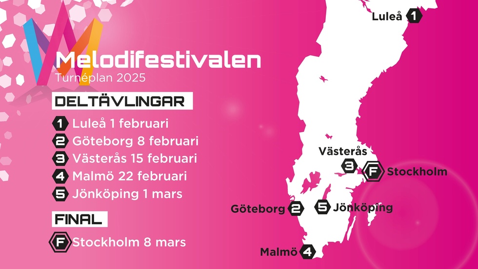 Melodifestivalens turnéplan för 2025 innefattar Luleå, Göteborg, Västerås, Malmö, Jönköping och Stockholm.