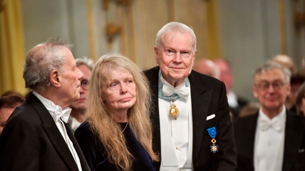 Per Wästberg, Kristina Lugn och Kjell Espmark vid Svenska Akademiens årliga högtidssammankomst i Stora börssalen i Börshuset i Stockholm 2017.