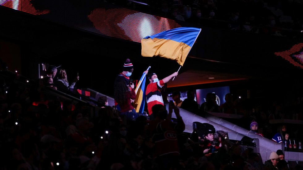 En supporter viftar med Ukrainas flagga på läktarplats i NHL-matchen mellan Ottawa och Montreal i februari. Arkivbild.