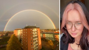 Annie fotade en dubbel regnbåge över hustaken på öster – hyllas på Facebook: "Bilden är inte redigerad alls"