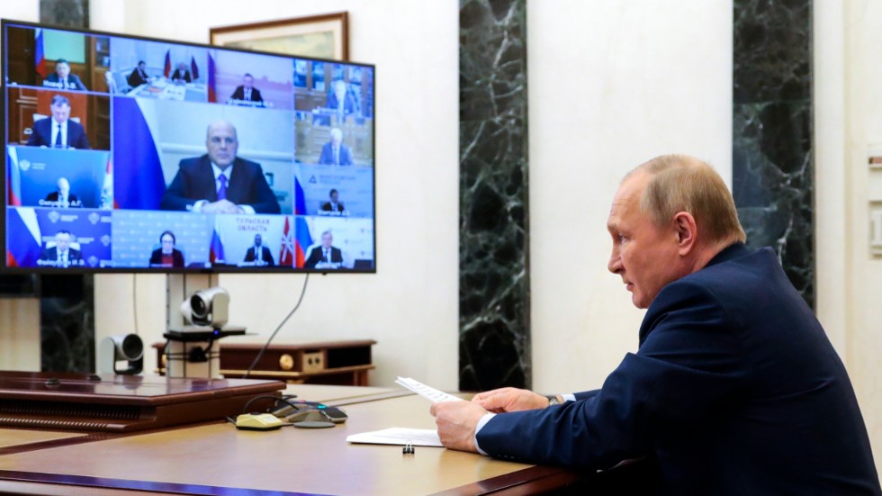 Rysslands president Vladimir Putin i videokonferensmöte på onsdagen.