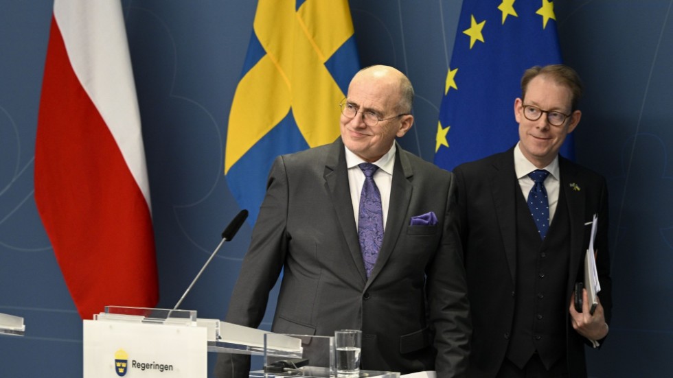 Utrikesminister Tobias Billström under en pressträff med Polens utrikesminister Zbigniew Rau.