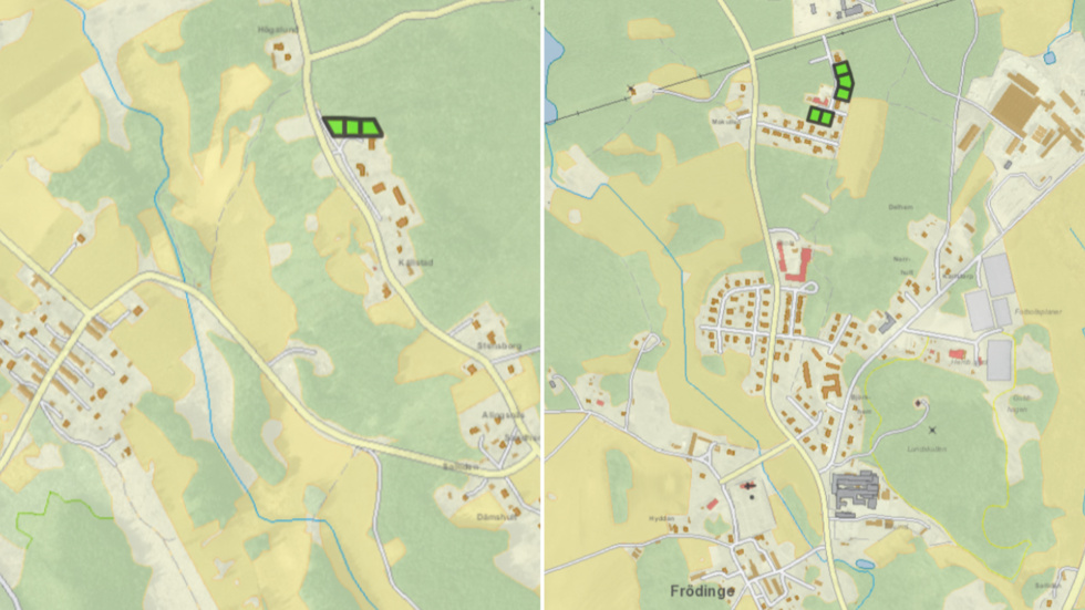 På kartan till vänster de tre aktuella tomterna i Djursdala och t.h motsvarande för Frödinge, där det finns fem kommunala tomter för tillfället.