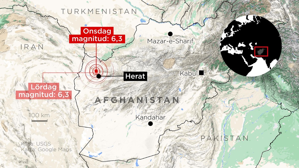 Kartan visar de kraftfulla skalv som har drabbat Afghanistan den senaste veckan.