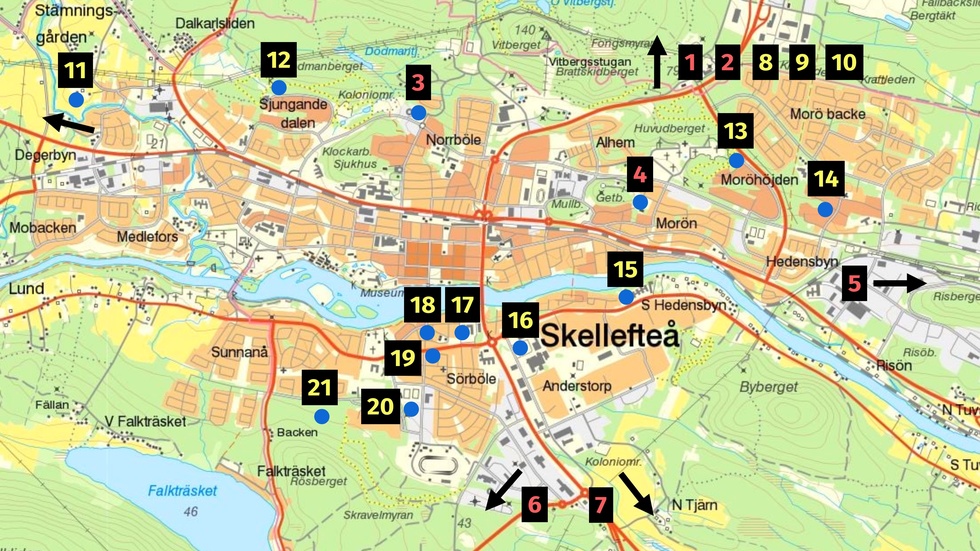 These are the rental apartment blocks being built, or being planned, now. Red numbers represent buildings under construction.Yellow numbers have not yet been started, but are in various stages of planning.
