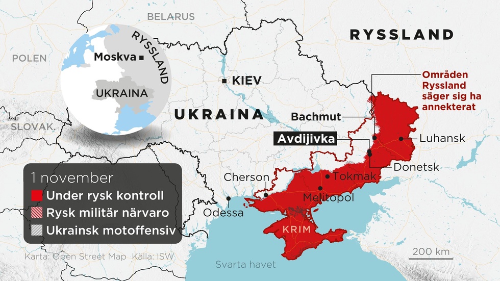 Områden under rysk kontroll, områden med rysk militär närvaro, ukrainska motoffensiver samt annekterade områden till och med den 1 november.