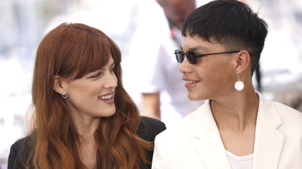 Riley Keough tillsammans med den unge skådespelaren LaDainian Crazy Thunder i samband med att "War pony" hade världspremiär på filmfestivalen i Cannes förra året. Arkivbild.