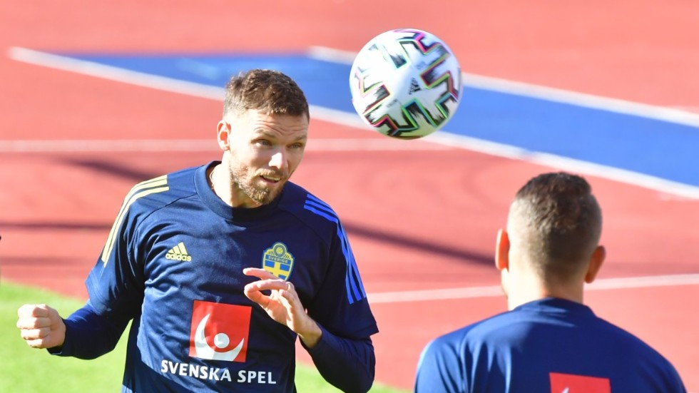 Marcus Berg under landslagets träning på Stockholm stadion inför matcherna i Nations League.