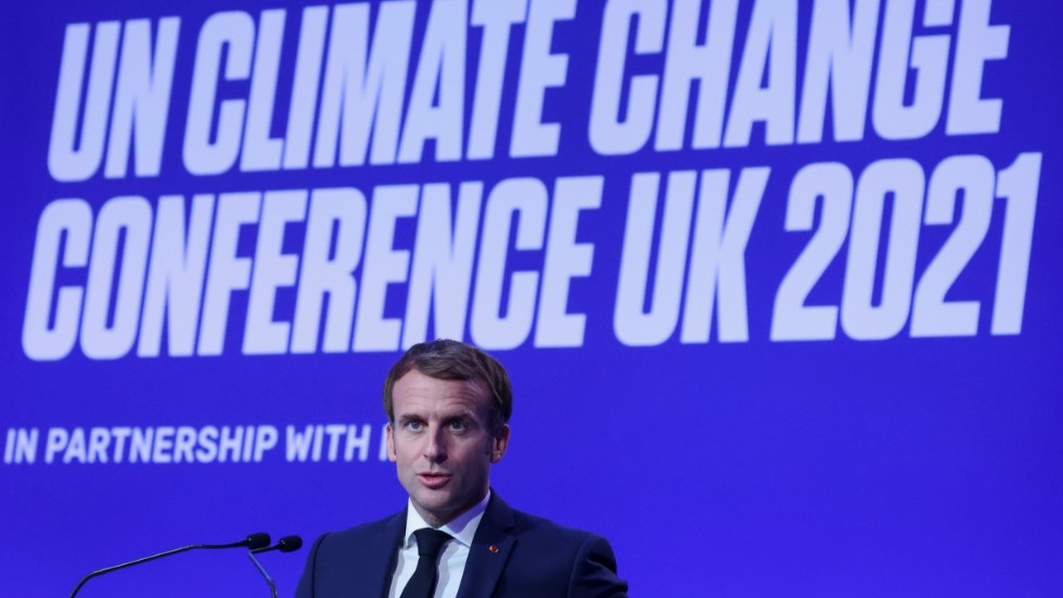 Frankrikes president Emmanuel Macron talar på invigningen av COP26, FN:s klimattoppmöte i Glasgow.
