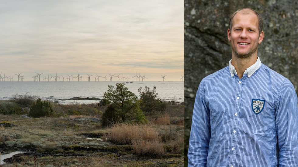 Insändarskribenten Per Edström är projektledare för vindkraftparken Långgrund. Den vänstra delen av bilden är en visualisering.