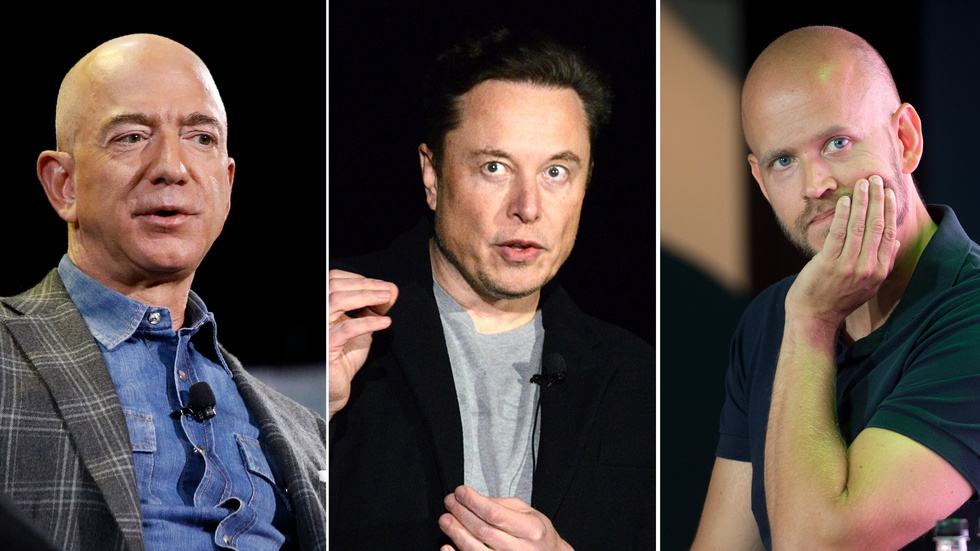 Amazons Jeff Bezos, Teslas Elon Musk och Spotifys Daniel Ek. Arkivbilder.