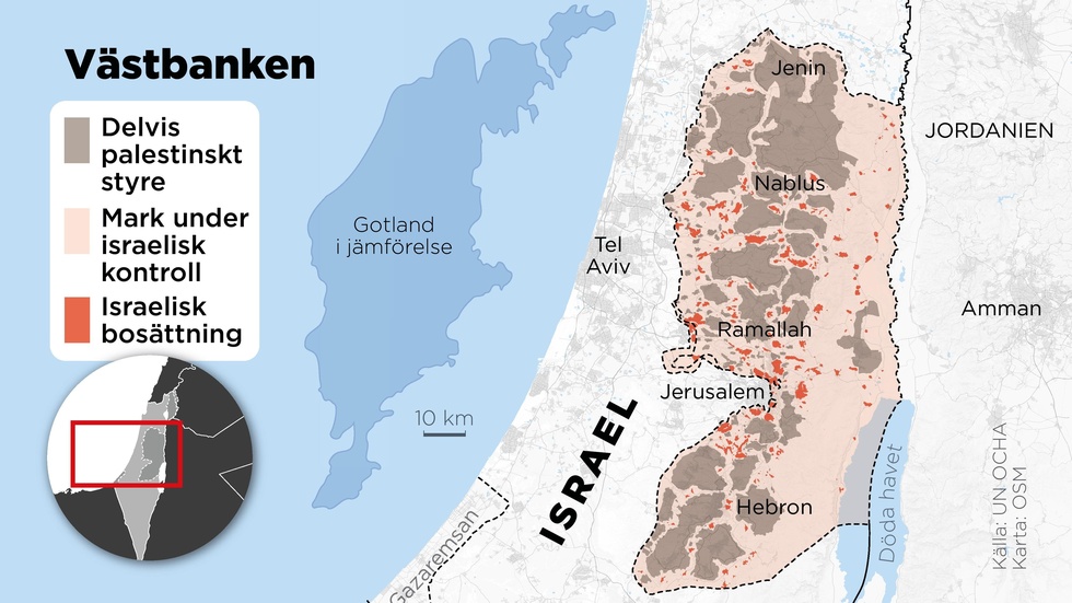 Kartan visar områden med palestinskt och israeliskt styre samt israeliska bosättningar på Västbanken i Israel.