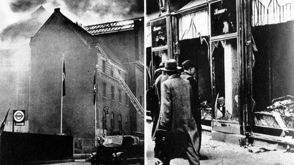 En synagoga i brand och krossade butiksfönster till judiska affärer i Berlin den 10 november 1938, dagen efter Kristallnatten. Arkivbild.