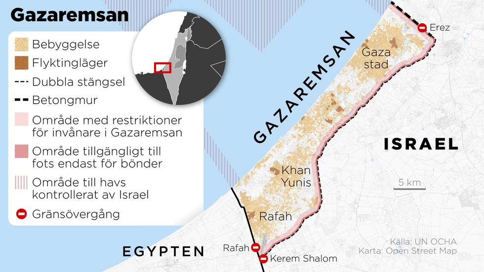 Kartan visar Gazaremsan i Israel med gränsövergångar, flyktingläger och områden med restriktioner för invånarna.