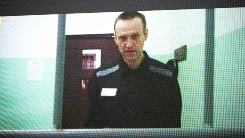 Oppositionsledaren Alexej Navalnyj riskerar ytterligare 20 års fängelse. Här syns han på en bild av en tv-skärm när han framträdde på videolänk i rätten i juni.