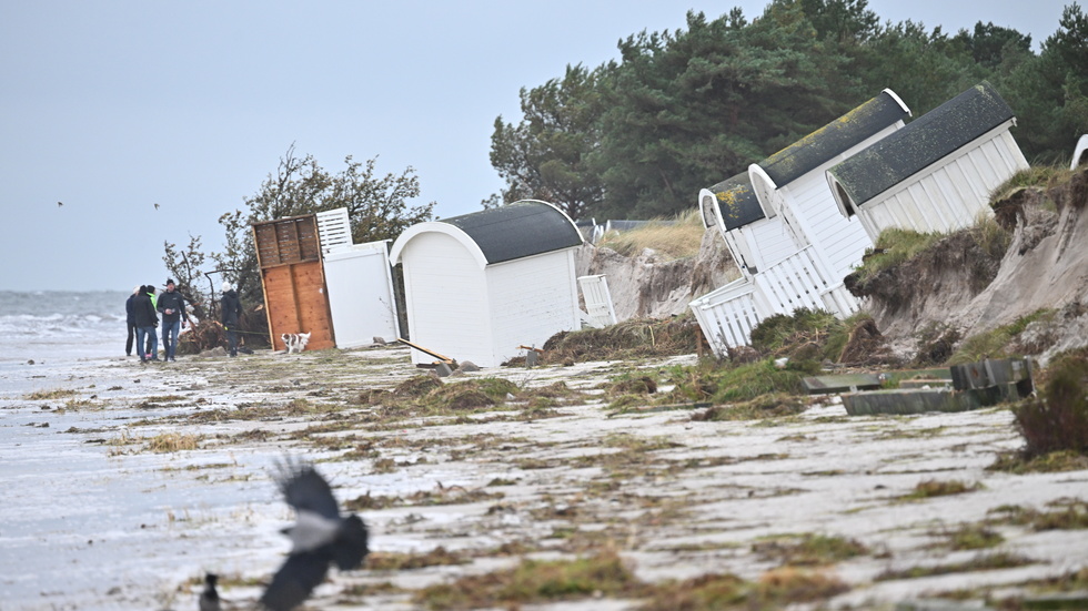 Flera badhytter ligger på lördagen välta, skadade och krossade i Ljunghusen efter stormen Babet.