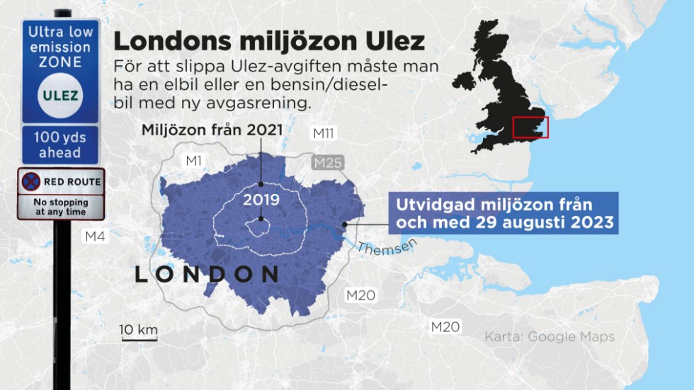 Ulez täcker nu nästan hela området innanför den stora ringleden M25. Arean, 1|500 kvadratkilometer, motsvarar halva Gotland.