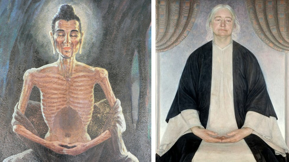 1.Buddha, grundaren av buddhismen, under sträng askes. Målning från Myanmar av okänd konstnär. 2. "Författaren Ellen Key", målning av Ejnar Nielsen från 1908. 