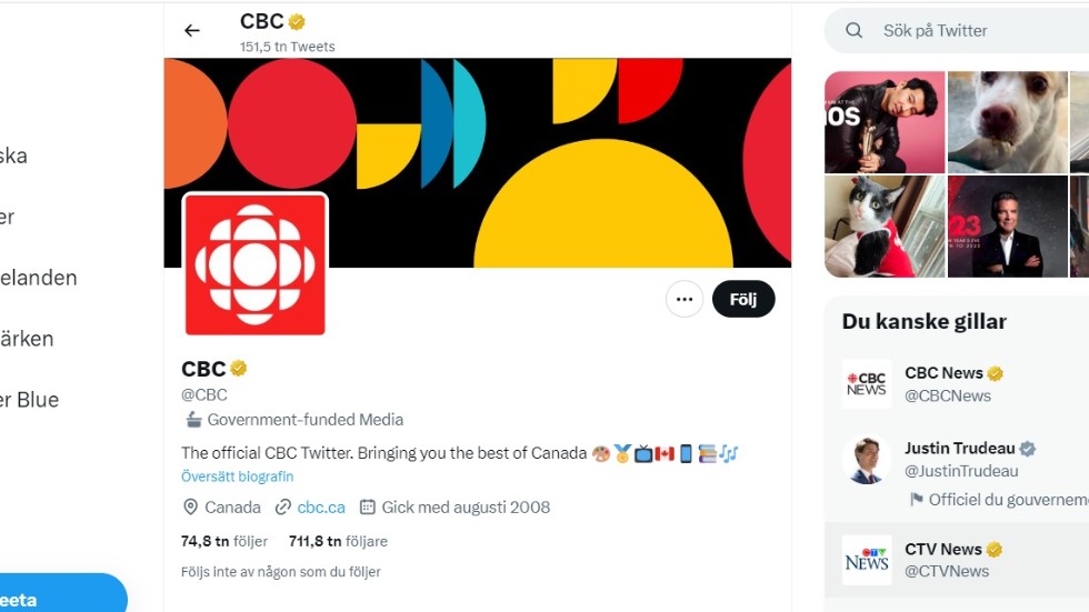 Skärmbild som visar CBC:s Twitterkonto med den nya stämpeln.