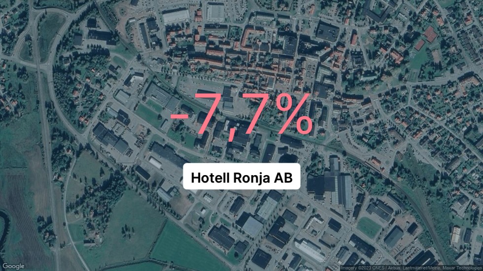 Illustrationen visar rörelsemarginalen för Hotell Ronja för det senaste året. Bakgrunden är en satellitbild över företagets adress.