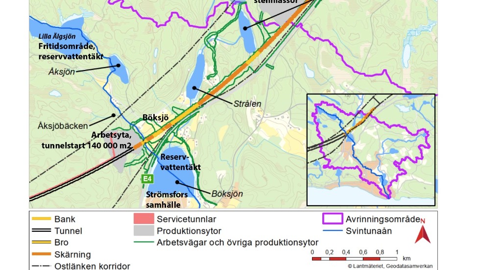 Bilden visar Ostlänkens dragning i förhållande till reservvattentäkter i Kolmården.