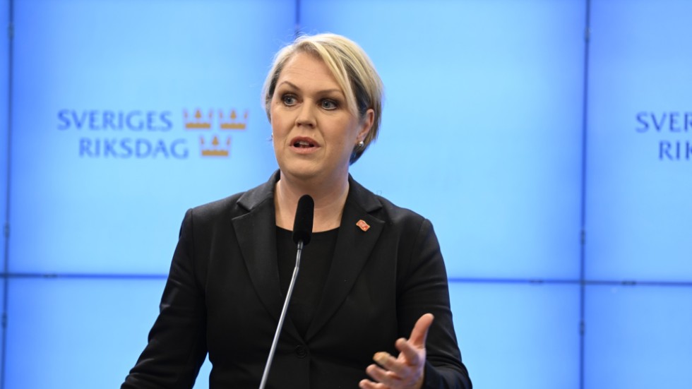 Lena Hallengren, Socialdemokraternas gruppledare i riksdagen, vid en pressträff om alkoholmonopolet och gårdsförsäljning.
