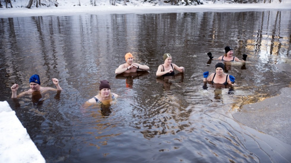 Sex vinterbadare i sjön Tron i Borggård. Från vänster Johan Brandt, Linda Johansson, Johan Jarme, Anette Jarme, Anna Lundblad och Elisabet Jarme.