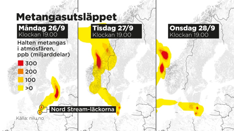 Halten metangas i atmosfären från Nord Stream-läckorna 26–28 september.