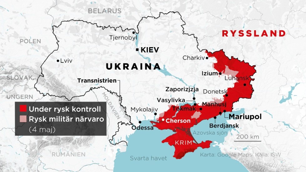 Områden under rysk kontroll samt områden med rysk militär närvaro 4 maj.