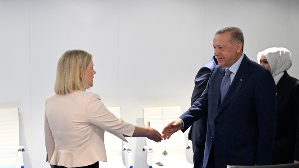 Sveriges statsminister Magdalena Andersson (S) och Turkiets president Recep Tayyip Erdogan vid Natoländernas toppmöte i Madrid.