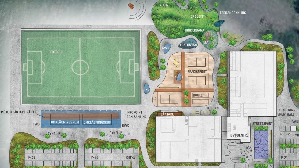 Förslag för Vingåkers nya sportcentrum som presenterades i september förra året. Sporthallen ligger till höger, simhallen i nederkant och fotbollsplan och däremellan ytor för fler utomhussporter, som 