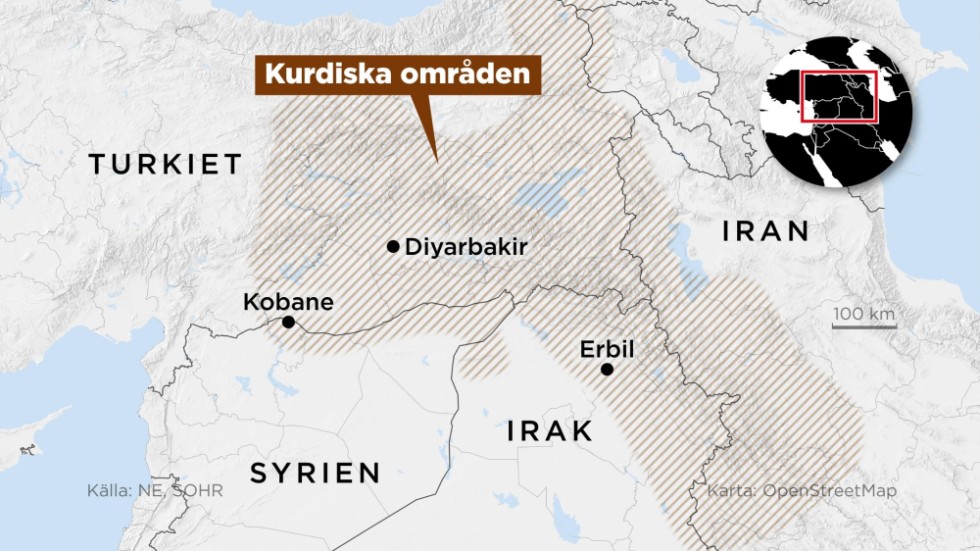 Kartan visar kurdiska områden i Turkiet, Iran, Irak och Syrien.